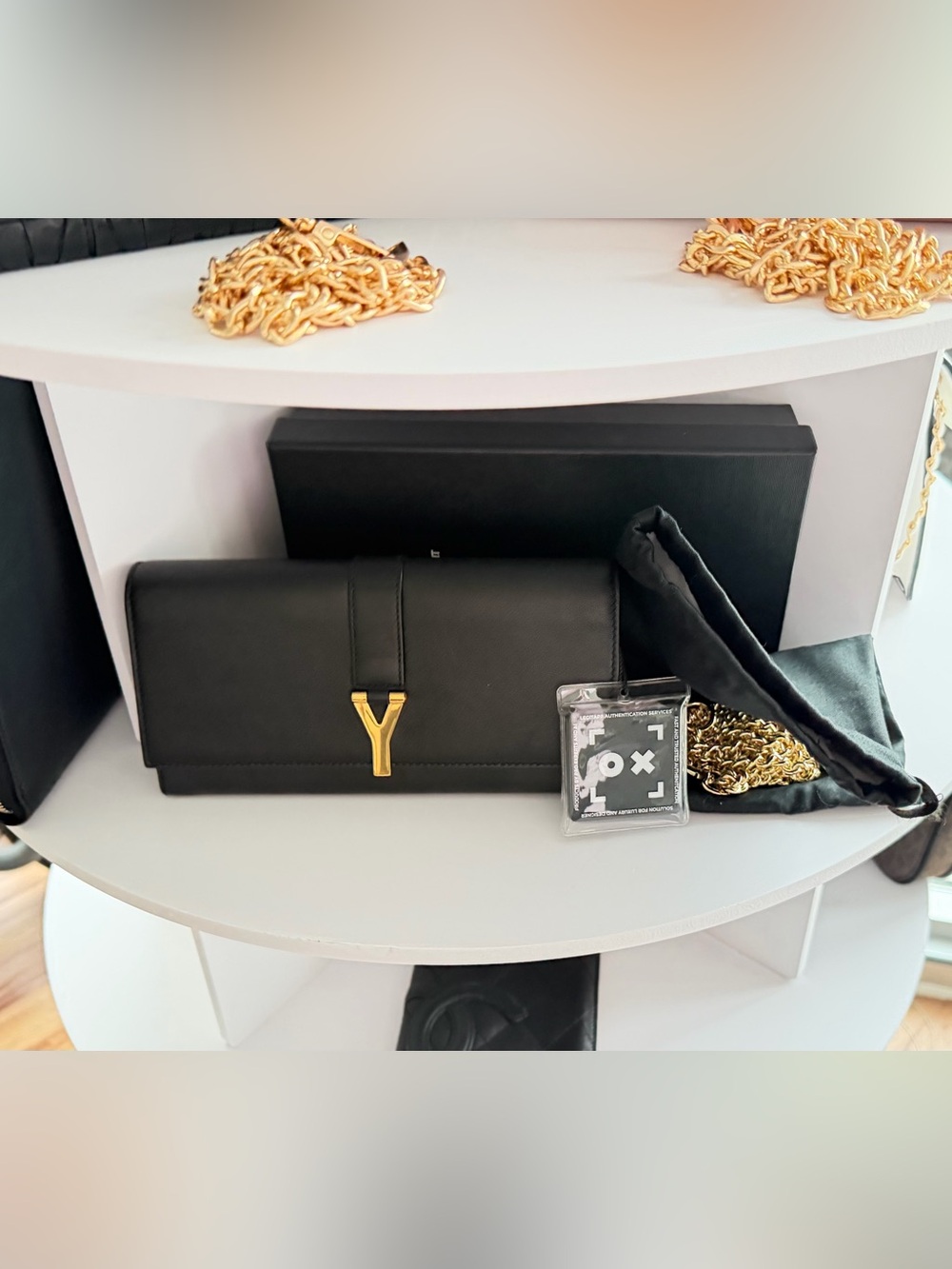 Saint Laurent Paris Black Leather Chyc Wallet on Chain Gold Y Clasp Crossbody